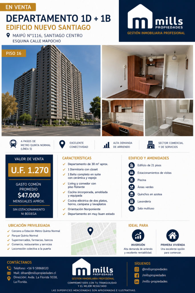 DEPARTAMENTO EN VENTA | 1 DORMITORIO | EDIFICIO NUEVO SANTIAGO | SANTIAGO CENTRO