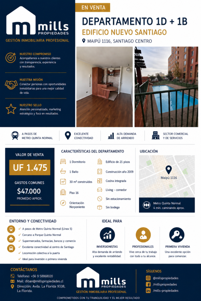 DEPARTAMENTO EN VENTA | 1 DORMITORIO | EDIFICIO NUEVO SANTIAGO | SANTIAGO CENTRO